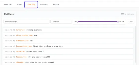 The Chat tab, circled, above the Chat History list of messages, each with its time, the username and the message.