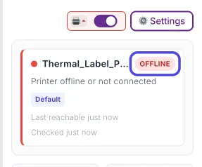 The printer status card showing Thermal_Label_Printer with a red OFFLINE badge circled and the words Printer offline or not connected; the box around the printer icon has a red border.