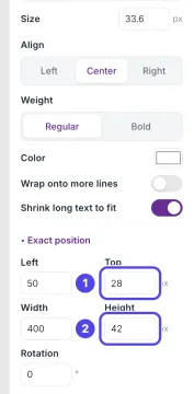 The Field settings on the right of the designer, with the Top box numbered 1 and the Height box numbered 2 under Exact position.