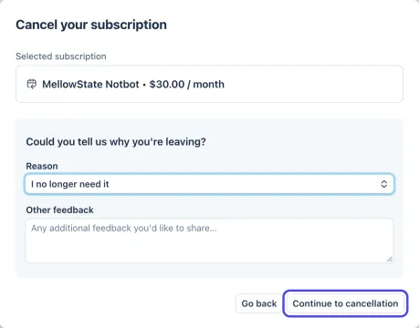 The Cancel your subscription box with the reason I no longer need it chosen, an empty Other feedback box under it, and the Continue to cancellation button circled.