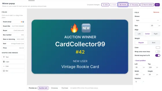 The popup designer in preview: a fire and NEW emoji, AUCTION WINNER, CardCollector99, #42, NEW USER and Vintage Rookie Card on a teal to dark blue card. The Preview button above it is circled.