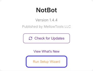 The About tab of the Settings panel showing NotBot, its version, the Check for Updates button, View What's New, and Run Setup Wizard circled at the bottom.