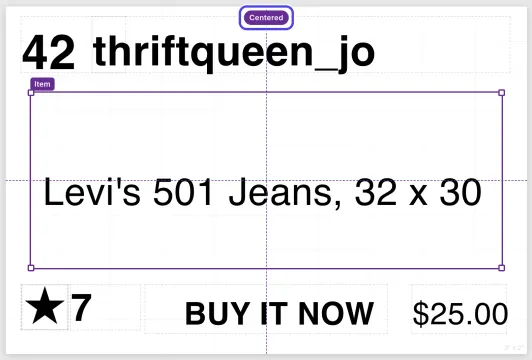 The item name being dragged on the label. Dotted purple lines cross the middle of the label and a Centered tag shows at the top.