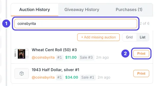 The Auction History tab with coinsbyrita typed in the search box, marked 1. Two sales by coinsbyrita are listed, and the Print button on the first one is marked 2.