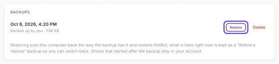 A backup in the Backups list with its Restore button circled and Delete next to it.