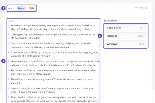 The newest release box on the Release History page, with the version number and its Latest and channel labels numbered 1, the start of its list of changes numbered 2, and the three download buttons numbered 3.
