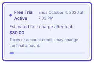 The Free Trial Active box on the Subscriptions page, circled, showing when the trial ends and the estimated first charge of $30.00.