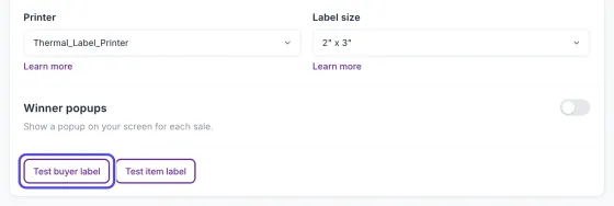 The Basics page of Advanced Settings with Printer and Label size boxes, and the Test buyer label button circled next to Test item label.