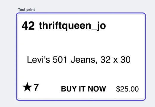 The printed test label: 42 and thriftqueen_jo in bold at the top, Levi's 501 Jeans, 32 x 30 in the middle, a star with 7, BUY IT NOW and $25.00 at the bottom.