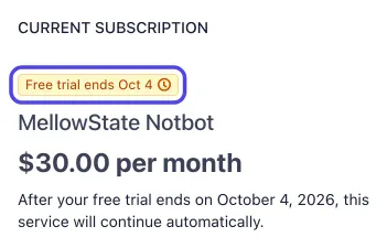 The Current subscription part of the billing page during a free trial, with the yellow Free trial ends tag circled and the line saying the service continues automatically after the trial.