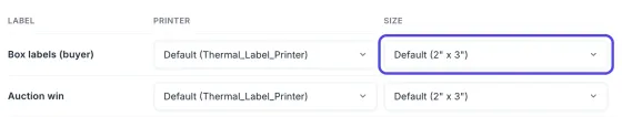 The top of the Which labels print where table with the columns Label, Printer and Size. The Size box on the Box labels (buyer) row, set to Default (2 by 3 inches), is circled.