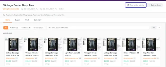 A show from another computer open in NotBot, with the note Read-only. Captured on Shop laptop, the Items, Buyers, Chat and Summary tabs, and the first row of sale photos. The Open on the website button is circled.